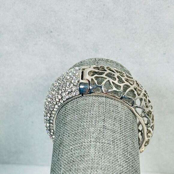 Womens Bracelet Bangle Pave Rhinestone Cut Ott Hearts Silver Tone 25mm Wide - Picture 2 of 12